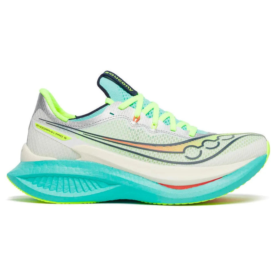 Saucony running shoe with a white and teal sole on a white background