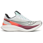 White running shoe with colorful accents on a white background