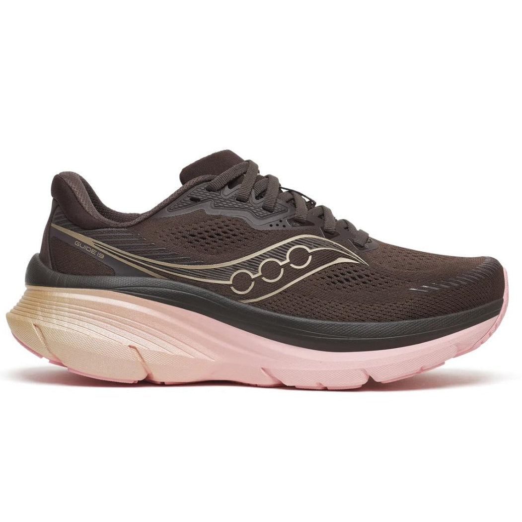 Saucony running shoe with pink sole on a white background
