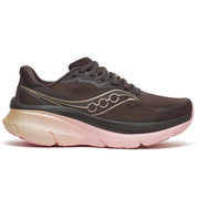 Saucony running shoe with pink sole on a white background