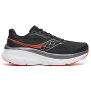 Black and gray running shoe with orange accents on a white background