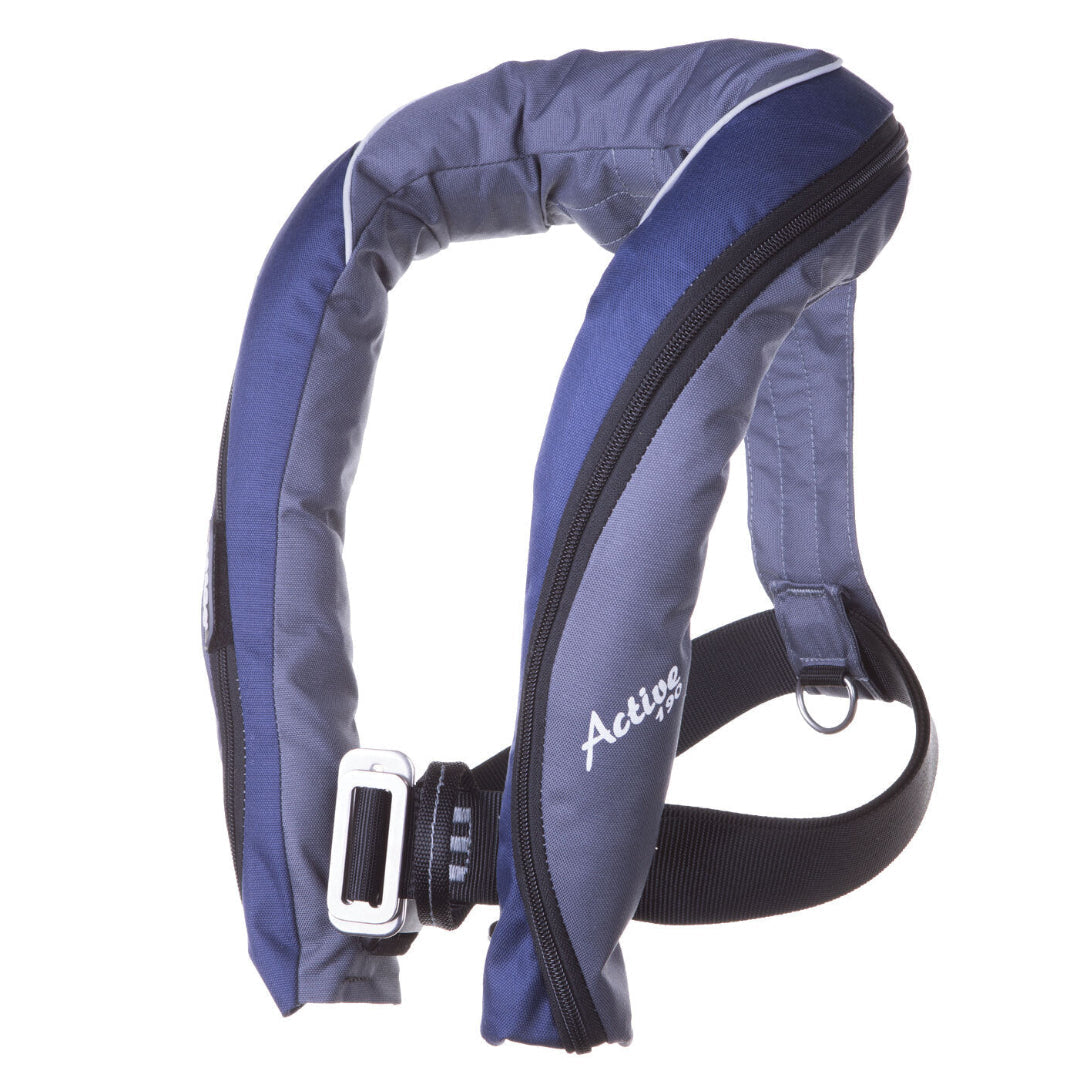 Blue life jacket with a visible brand logo on a white background