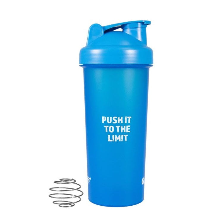 Blue protein shaker with 'Push It To The Limit' text on a white background