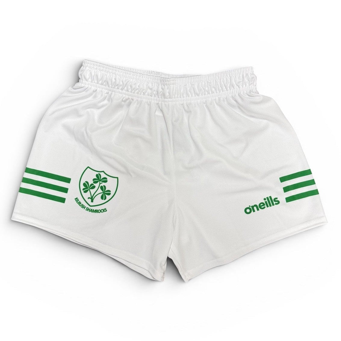 White shorts with green stripes and branding on a white background