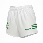 White shorts with green accents and branding on a white background