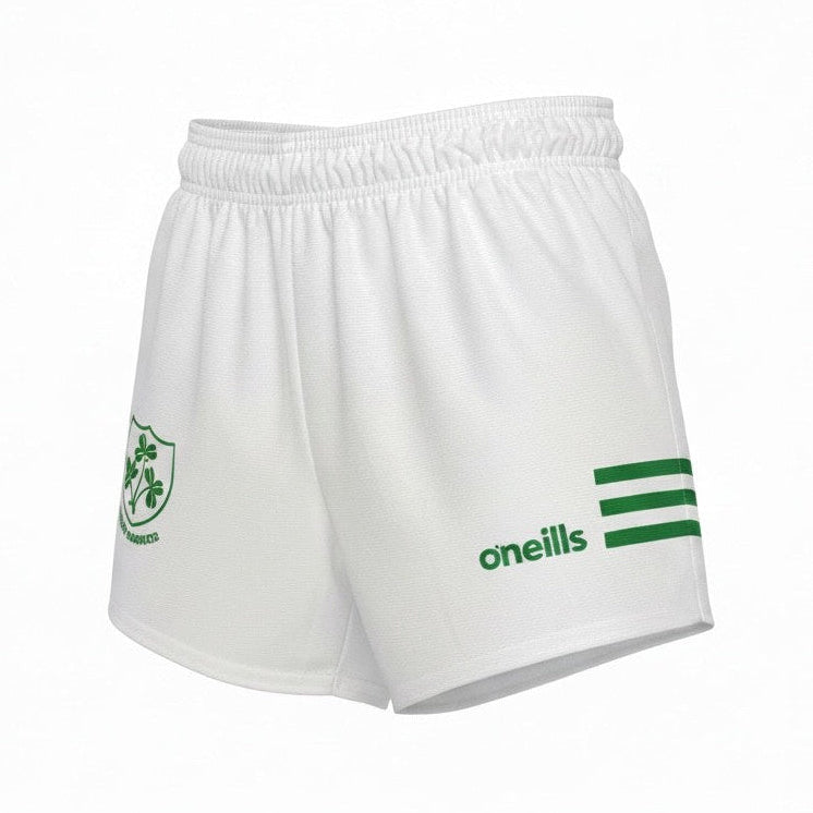 White shorts with green accents and branding on a white background