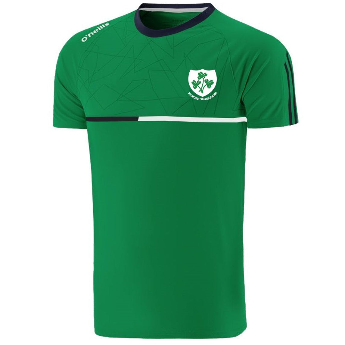 A green short-sleeve soccer jersey with a white and green shield crest on the chest, featuring a white horizontal stripe across the chest and a dark navy collar.