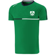 A green short-sleeve soccer jersey with a white and green shield crest on the chest, featuring a white horizontal stripe across the chest and a dark navy collar.