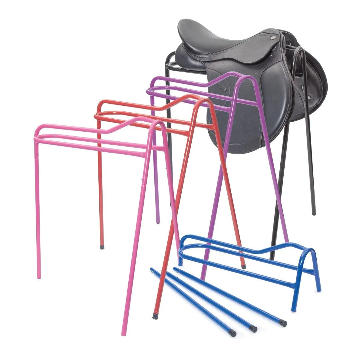 Set of colorful metal stands with a black equestrian saddle on a white background