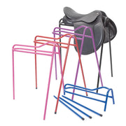 Set of colorful metal stands with a black equestrian saddle on a white background