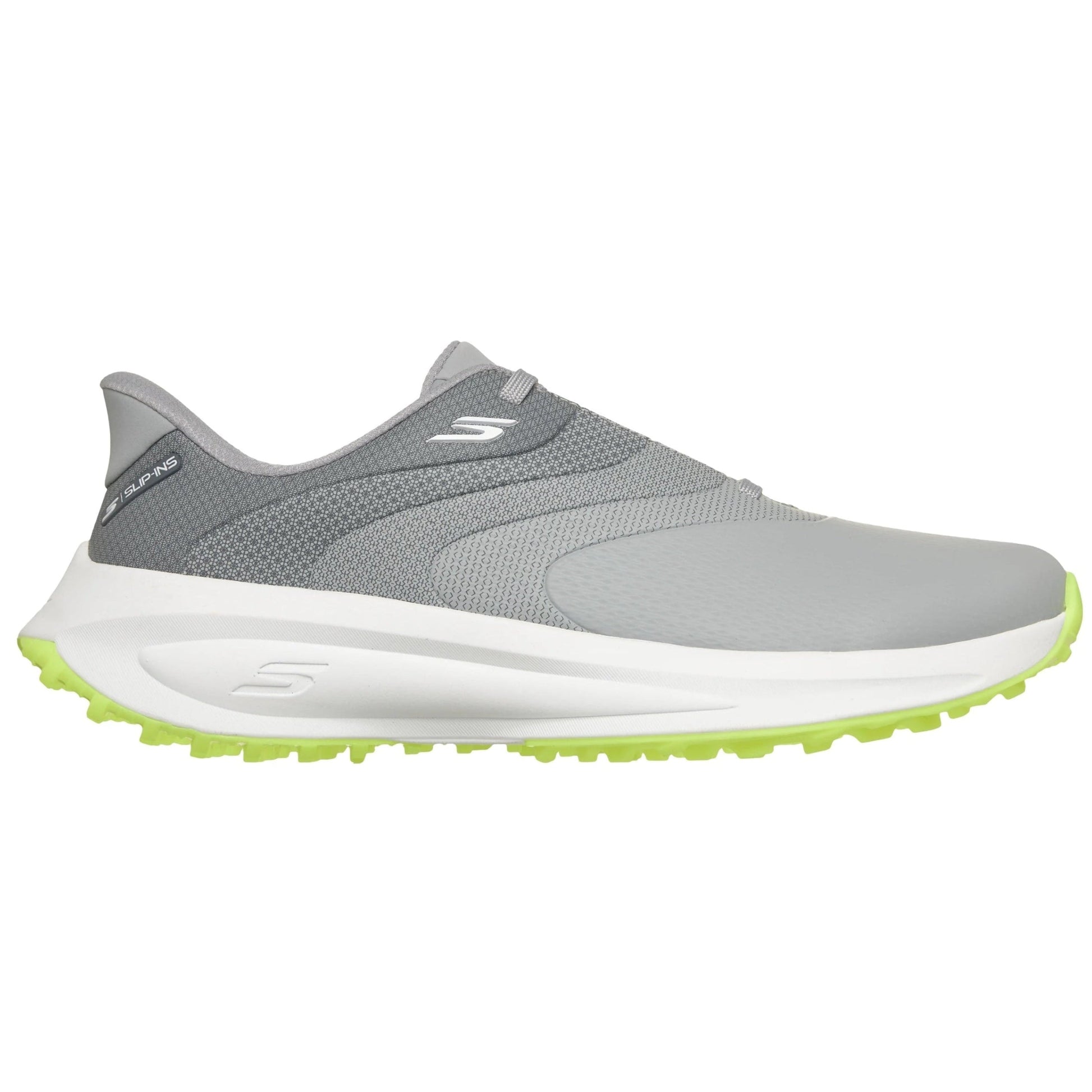 Gray athletic shoe with white sole and green sole tread on a white background
