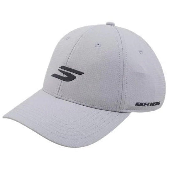 A light gray baseball cap with a black stylized logo on the front, shown against a solid white background.