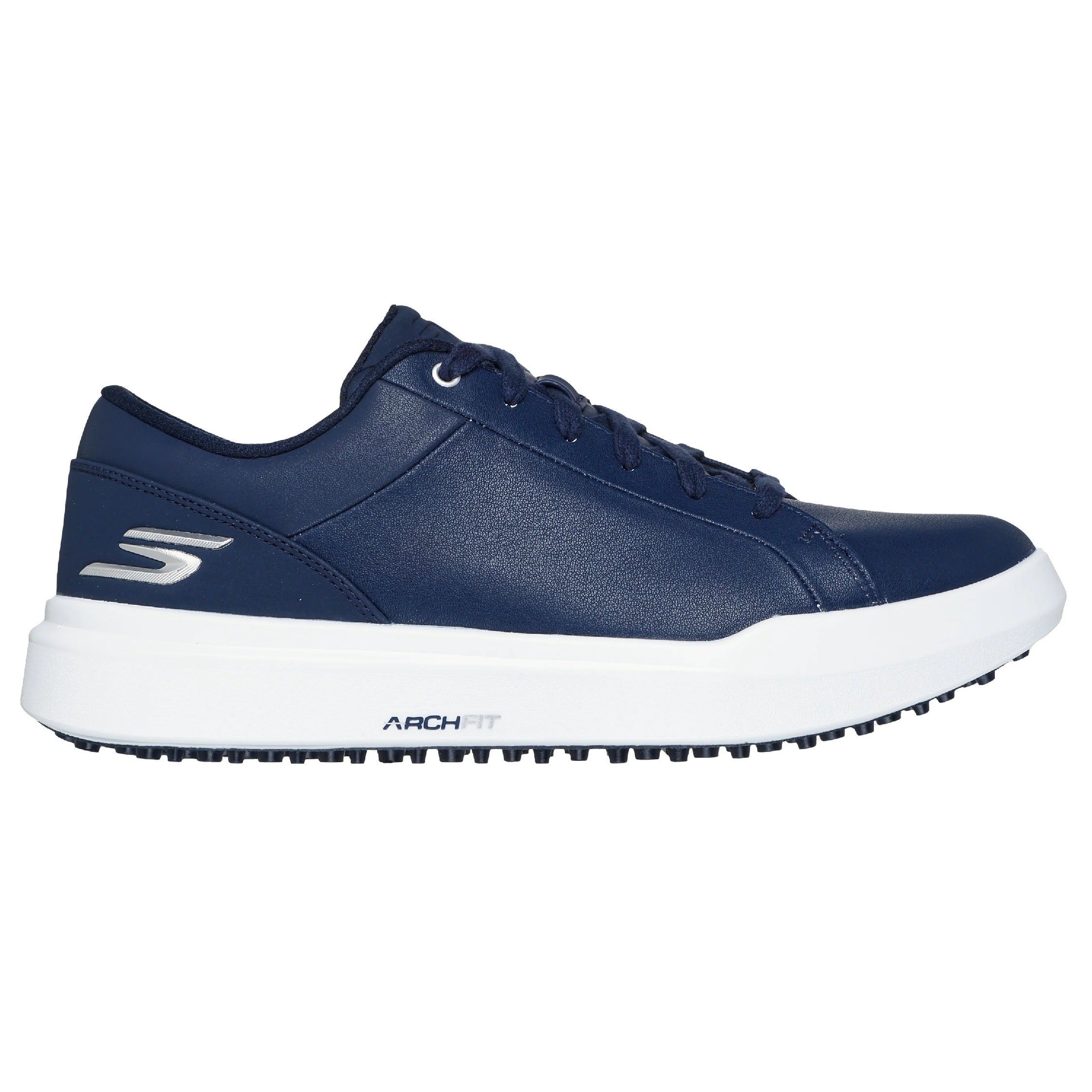 Navy blue athletic shoe with white sole on a white background