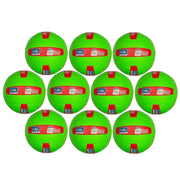 Nine green balls with red labels arranged in a triangular formation on a white background