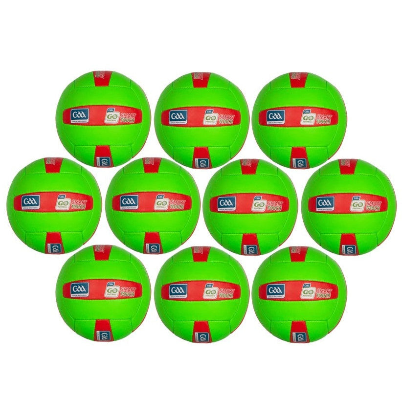 Nine green balls with red labels arranged in a triangular formation on a white background