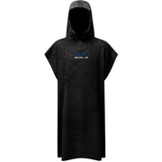Black hooded poncho with branding on a white background
