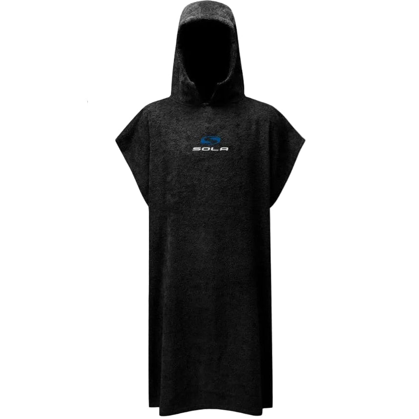Black hooded poncho with branding on a white background
