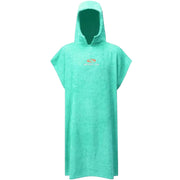 Turquoise hooded poncho with a brand logo on a dark background