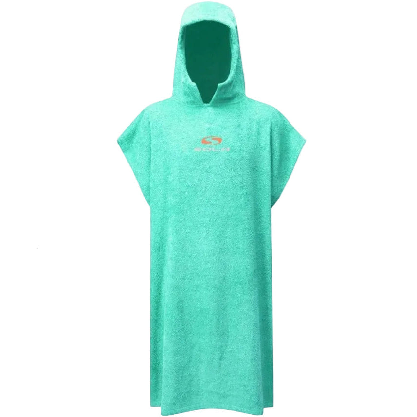Turquoise hooded poncho with a brand logo on a dark background