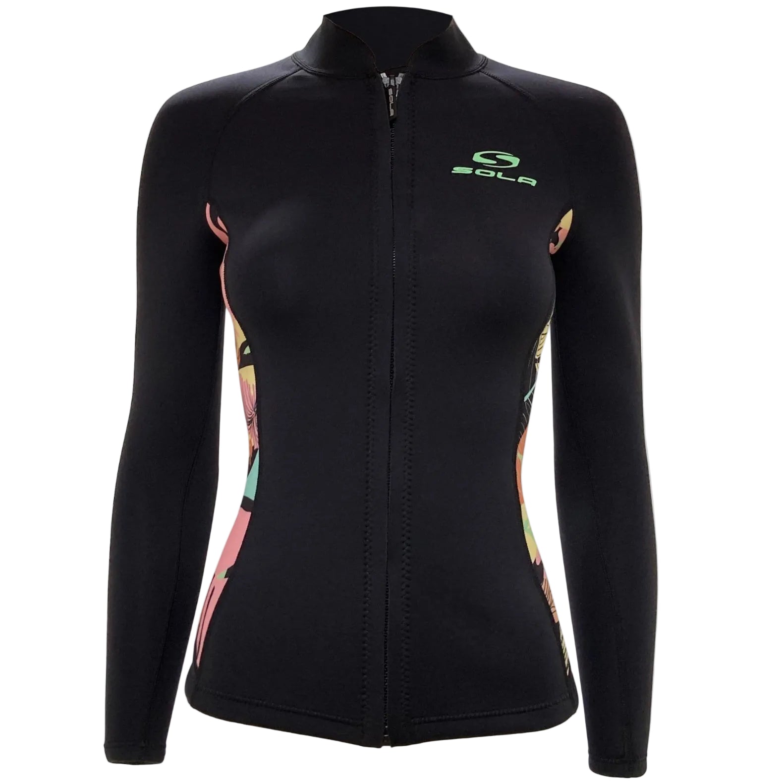 Black long-sleeve athletic top with colorful designs on sleeves and a visible brand logo on a white background.