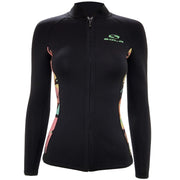 Black long-sleeve athletic top with colorful designs on sleeves and a visible brand logo on a white background.