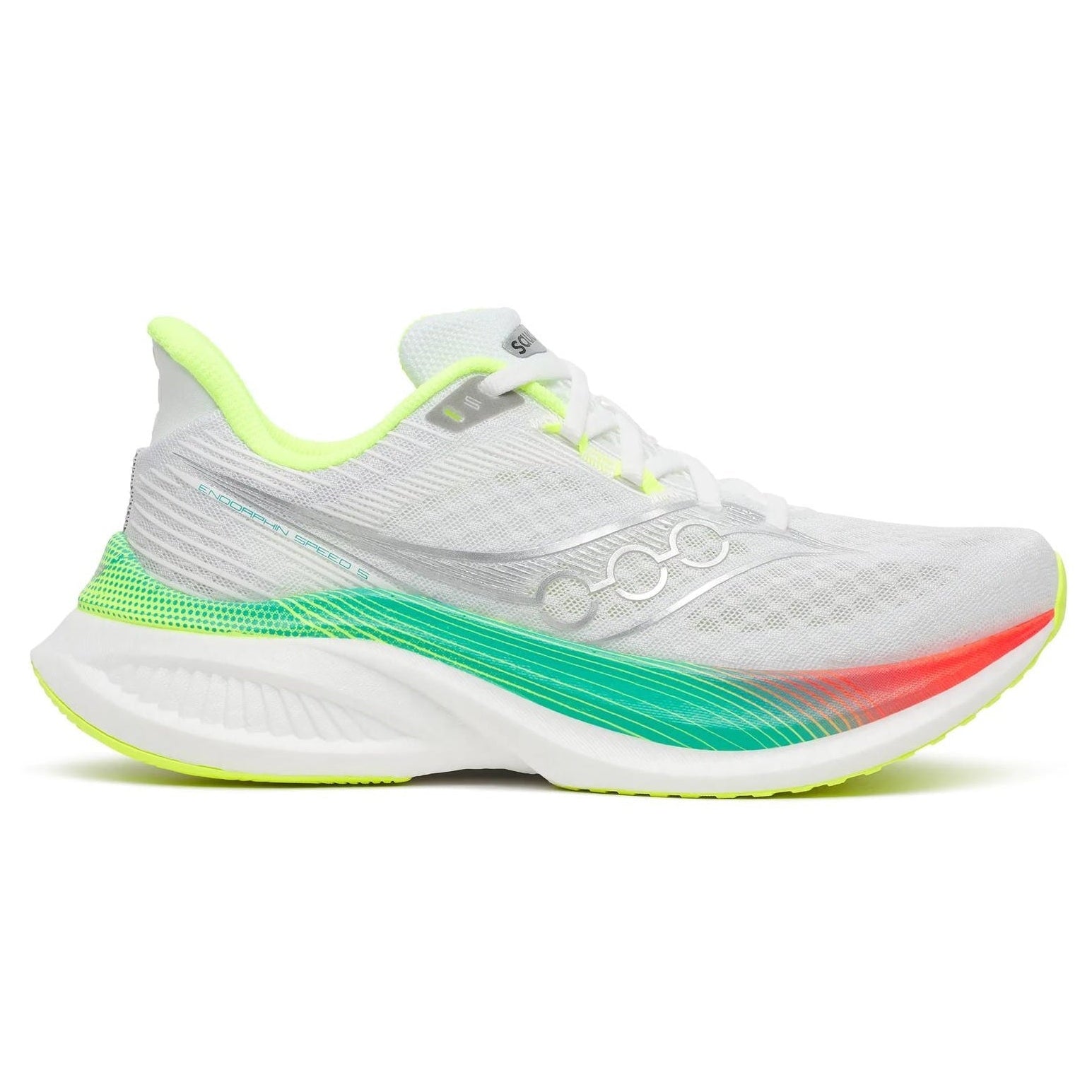 A white running shoe with a white and gray mesh upper, featuring a translucent gray Samba logo on the side, a white and green midsole, and neon green and orange accents.