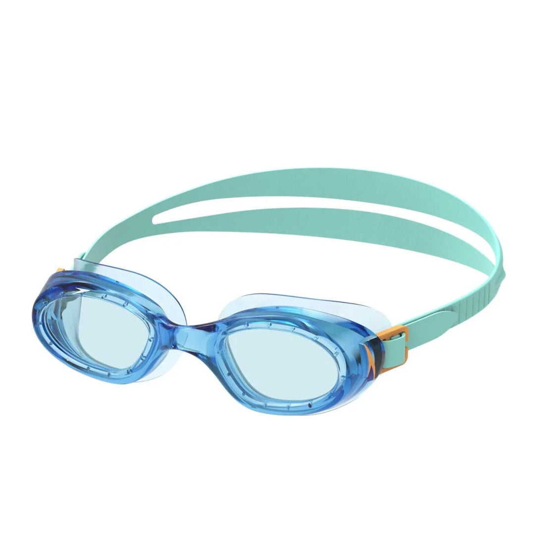 Blue swim goggles with a light blue strap on a white background