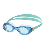 Blue swim goggles with a light blue strap on a white background