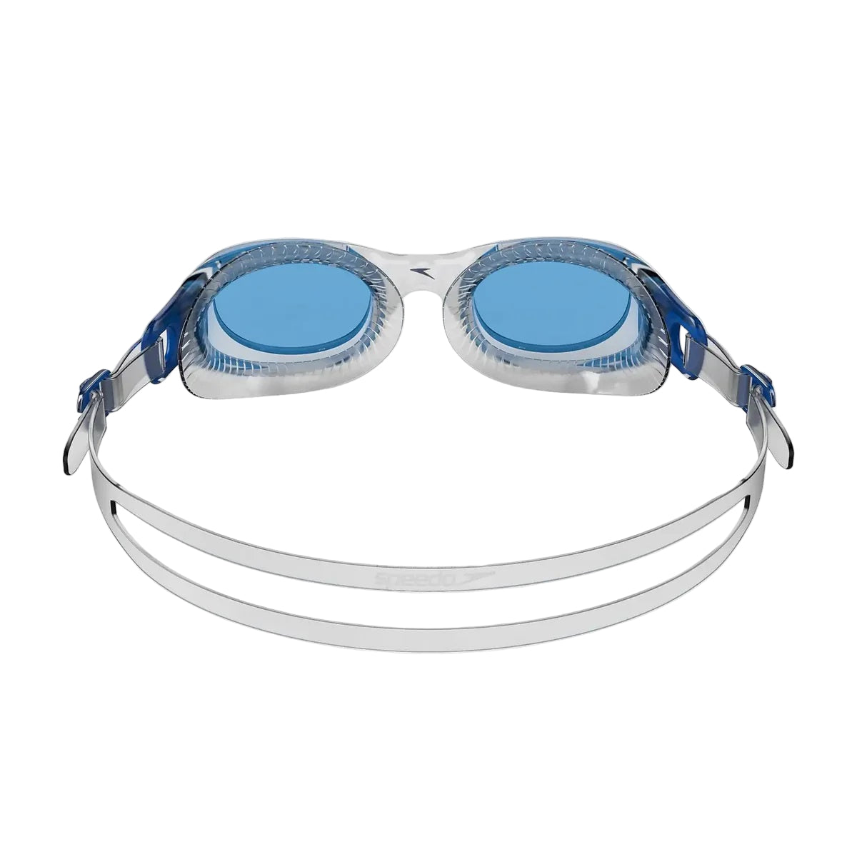 Swimming goggles with blue lenses on a white background