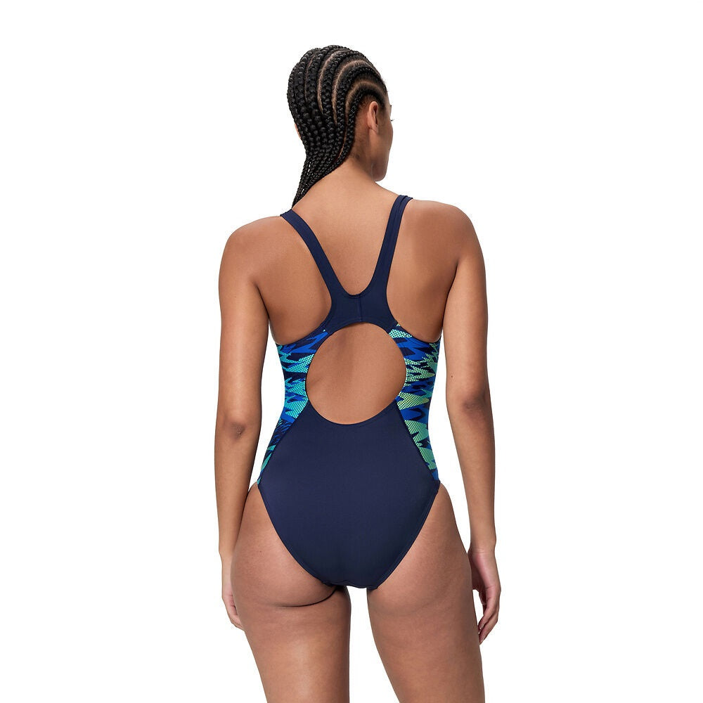 Speedo Printed Splice Muscleback One Piece Navy Blue