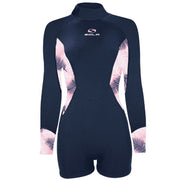 Navy blue wetsuit with pink and white patterns on a white background