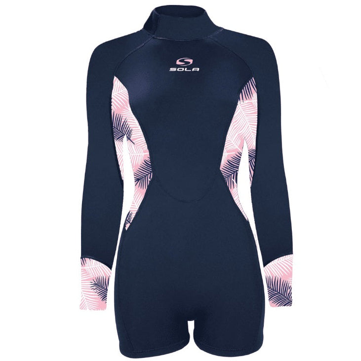 Navy blue wetsuit with pink and white patterns on a white background