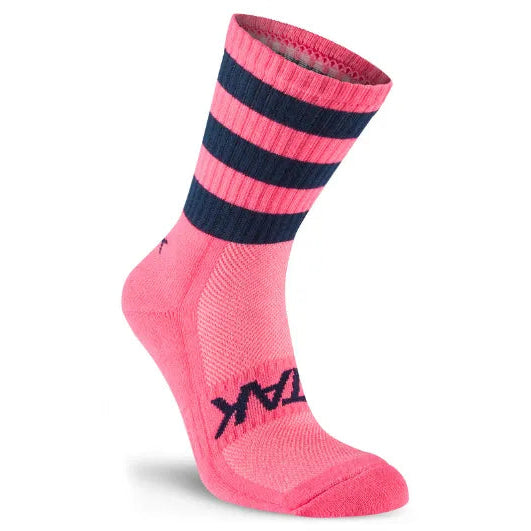 Pink sock with navy stripes on a white background