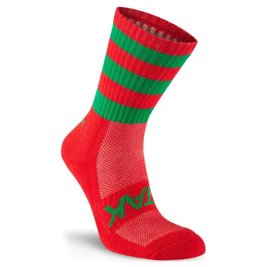 Red sock with green stripes and logo on a white background