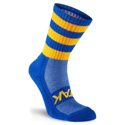 Blue and yellow sock on a white background