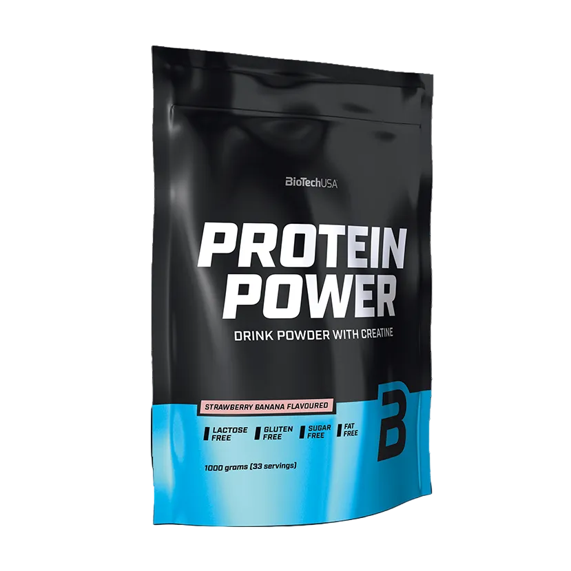 Protein powder package with 'Protein Power' branding on a white background
