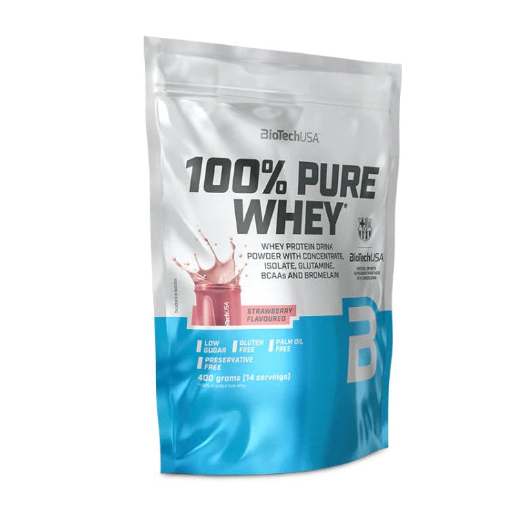 BioTechUSA 100% Pure Whey protein powder in a silver and blue resealable stand-up pouch, shown on a plain white background.