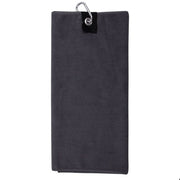 Black towel with a carabiner clip on a white background