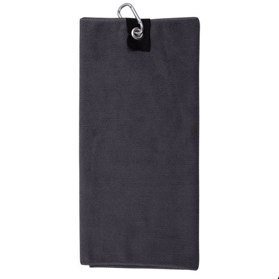 Black towel with a carabiner clip on a white background