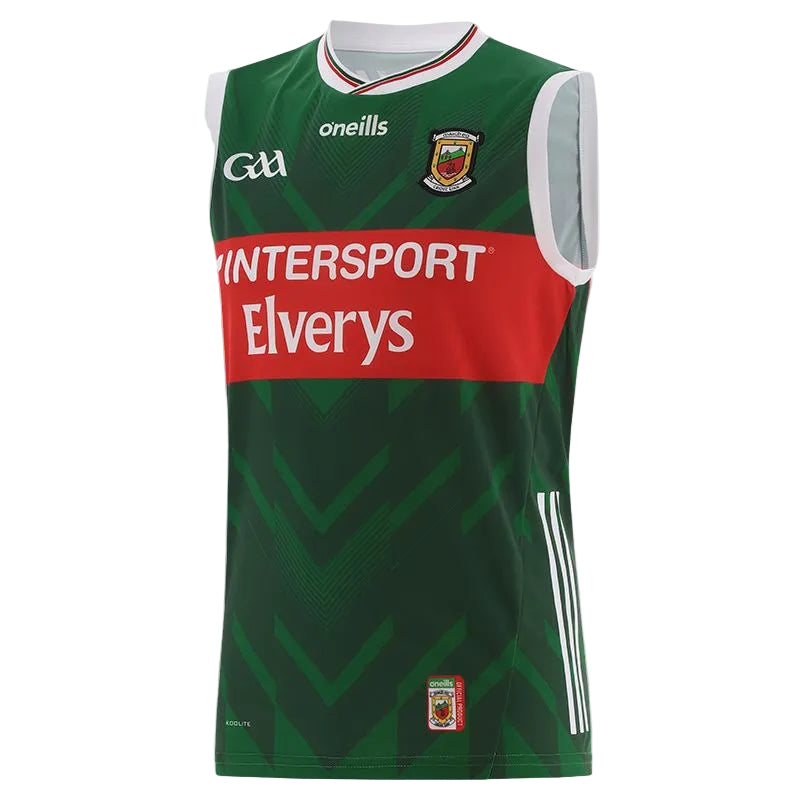 Green sports jersey with red and white accents on a white background