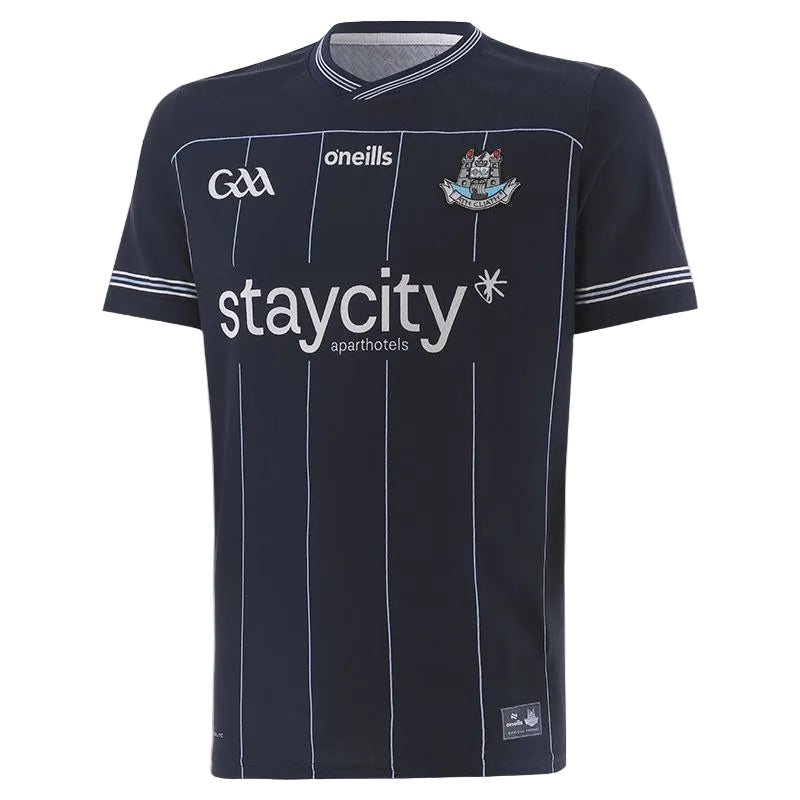 Navy sports jersey with branding on a light gray background