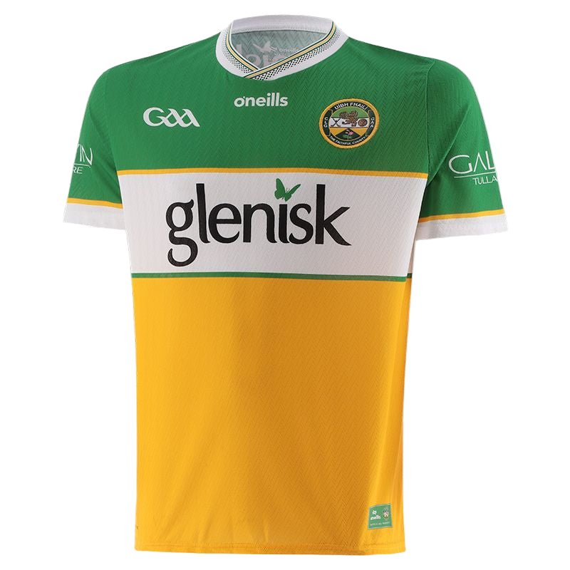 Green and yellow sports jersey with Glenisk branding on a white background