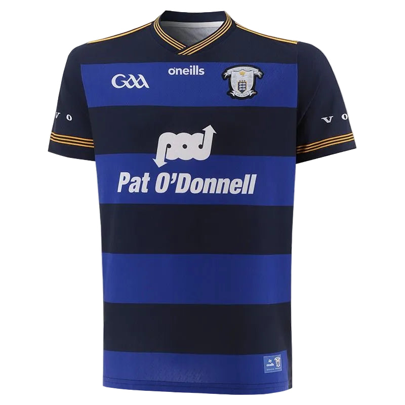 Blue and navy sports jersey with branding on a white background