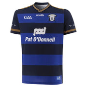 Blue and navy sports jersey with branding on a white background