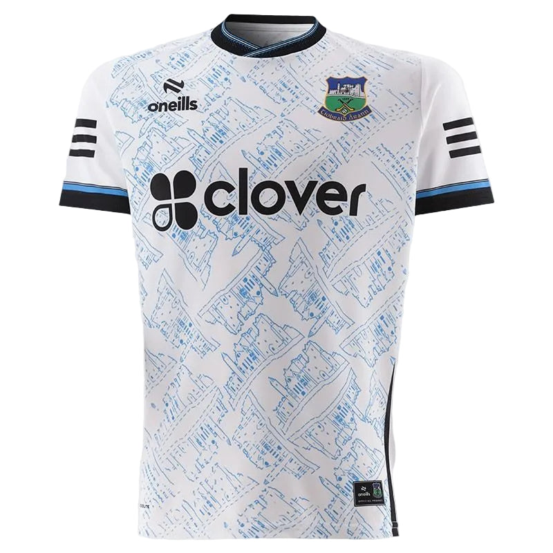 White sports jersey with blue patterns, black stripes, and logos on a white background