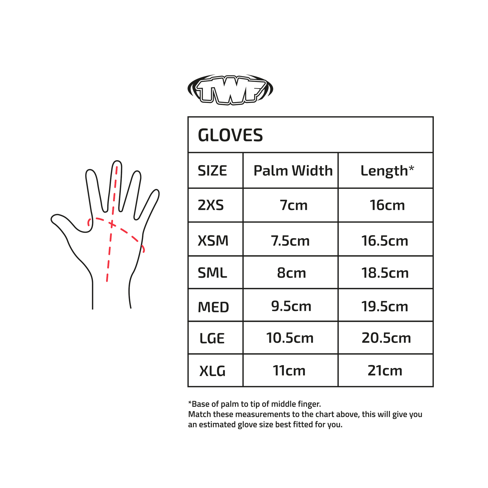 Glove size chart with measurements and WMP logo