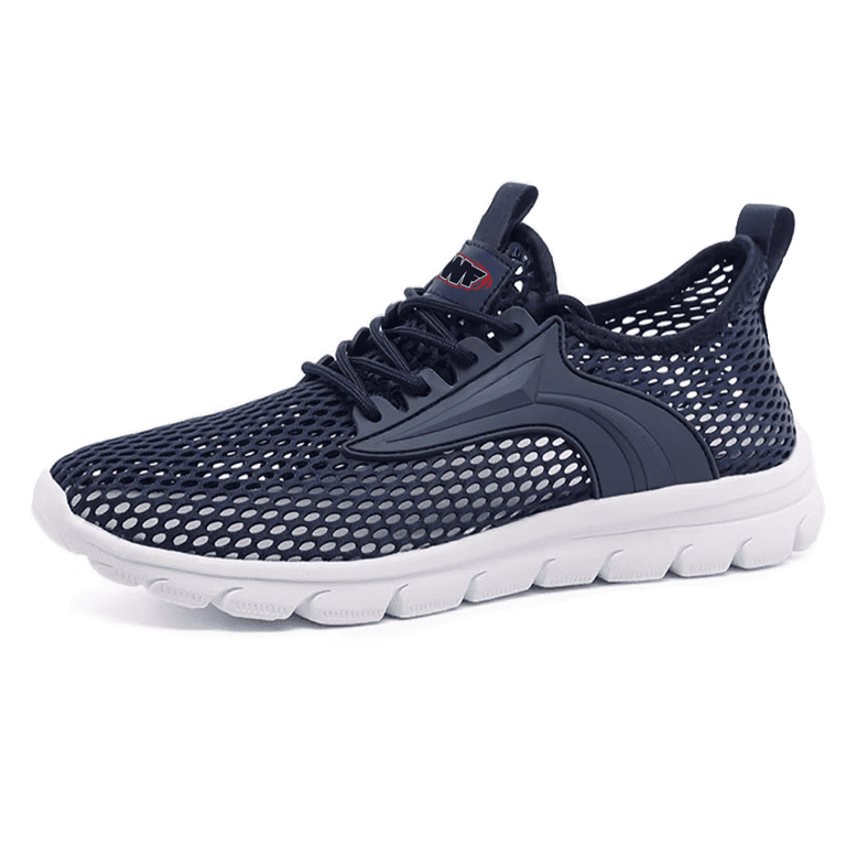 Navy blue athletic shoe with white sole on a white background