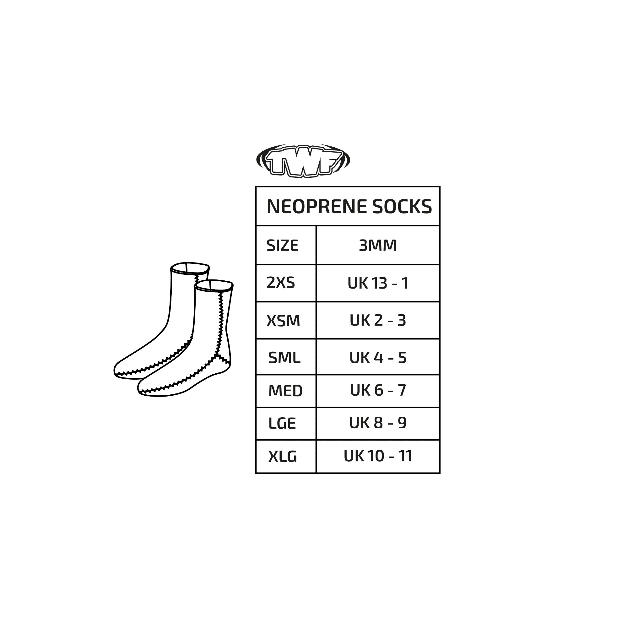 Neoprene socks size chart with sock illustration and measurement guide on a white background