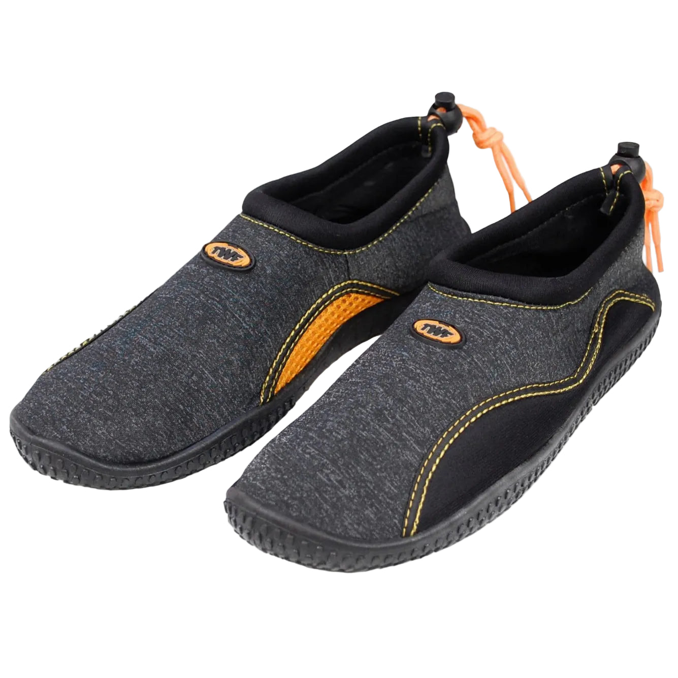 Pair of gray slip-on shoes with orange accents on a white background