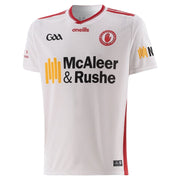 White sports jersey with red and yellow accents featuring branding on a white background